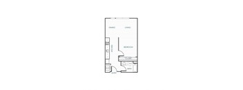 A floor plan of a small apartment with a kitchen, bathroom, and two bedrooms.