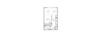 A floor plan of a small apartment with a kitchen, living room, and bedroom.