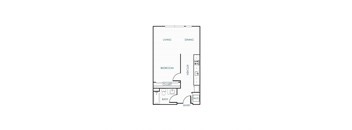 A floor plan of a small apartment with a kitchen, living room, and bedroom.