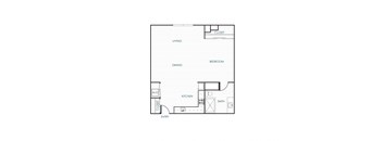 A floor plan of a house with a living room, dining room, kitchen, bathroom, and bedroom.