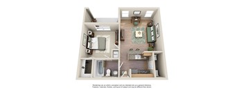 a stylized floor plan of a 1 bedroom apartment