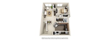 a rendering of a 1 bedroom floor plan with a bathroom and a living room