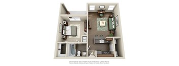 a 3d rendering of a 1 bedroom floor plan with a bathroom and a balcony