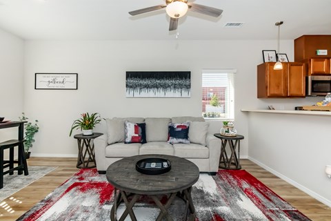 A living room with a white couch and a red rug.