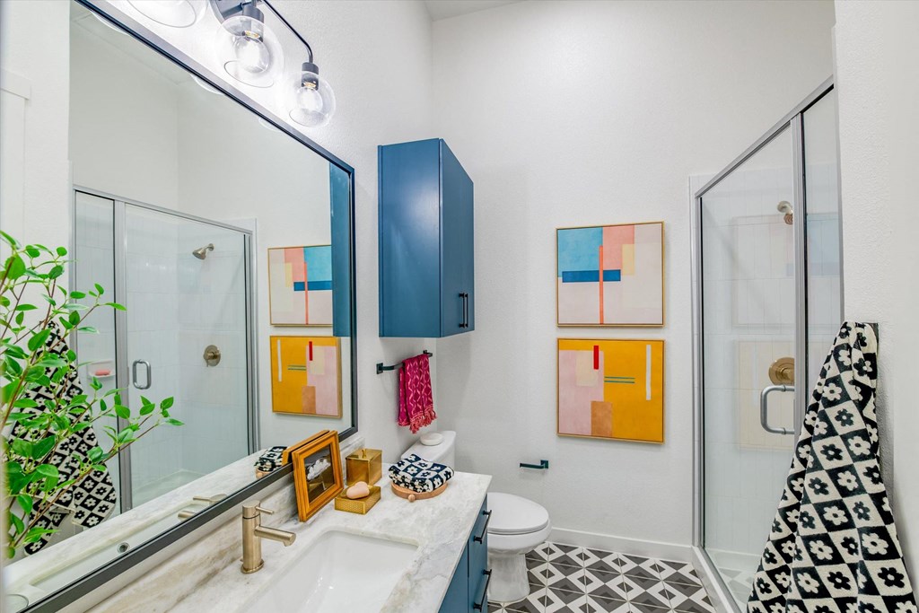 a bathroom with a sink and a mirror and a shower