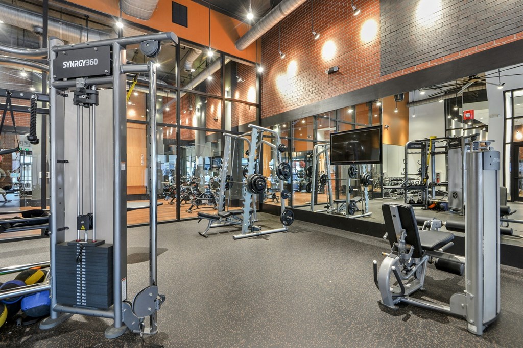 a gym with weights and cardio equipment and a tv