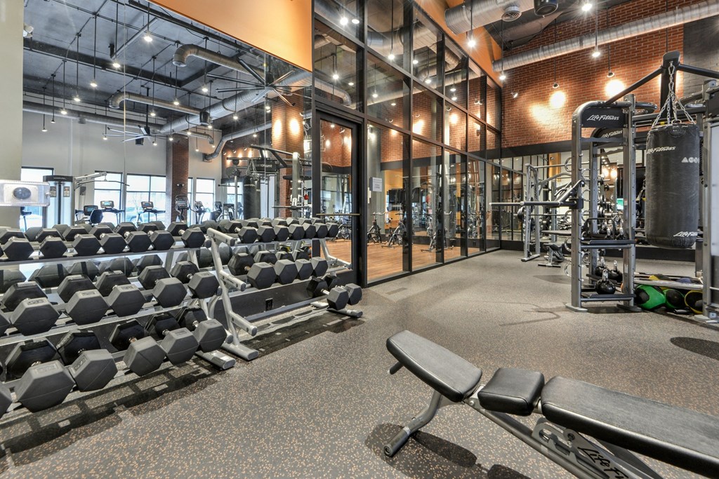 a gym with weights and cardio equipment and glass walls