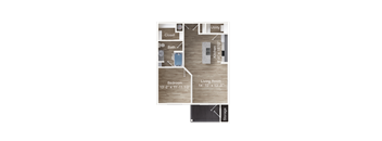 One-bedroom apartment entry into kitchen with island and utility closet, opening to living room with balcony and storage, hallway to bedroom, bathroom, and walk-in closet.