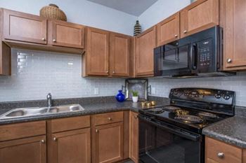 Model Apartment kitchen appliances, sleek energy star black on black appliances
