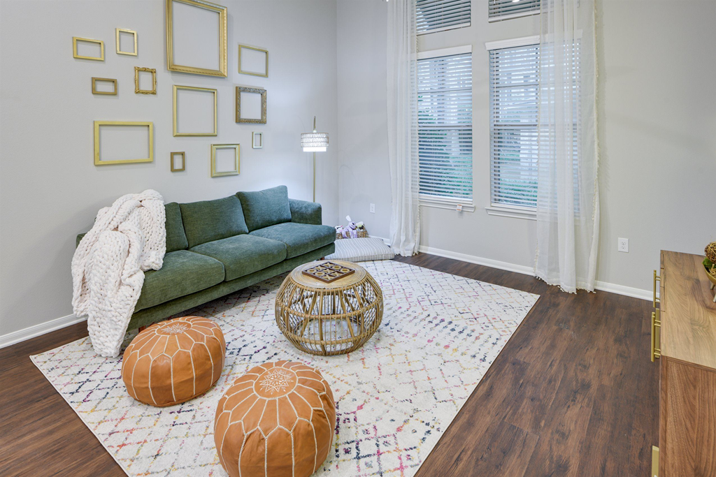 a living room with a green couch and a rug