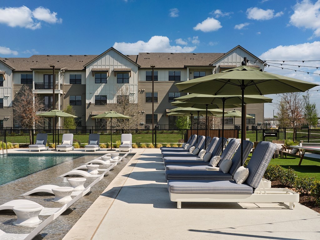 A row of sun loungers are set out on a patio in front of a building.