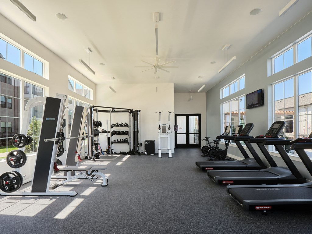 A spacious gym with treadmills, weights, and exercise equipment.