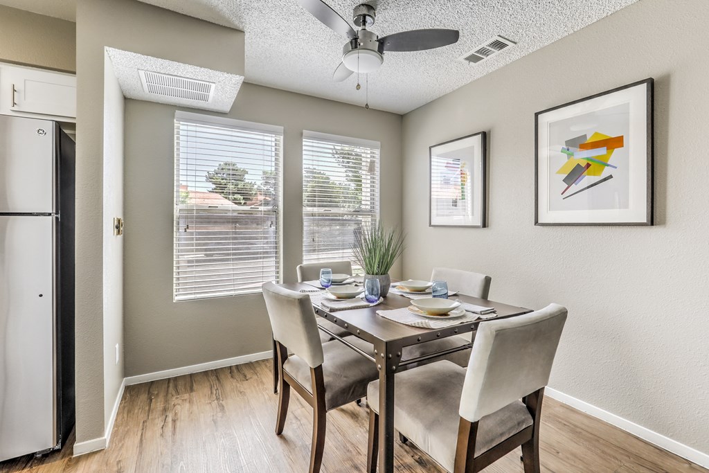 our spacious dining room is open to the living room and kitchen