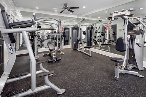 A spacious gym with a variety of equipment including treadmills, weight machines, and benches.