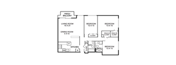 A floor plan of a house with a living room, dining room, kitchen, and four bedrooms.