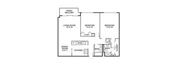 A floor plan of a home with a living room, two bedrooms, a dining room, a kitchen, a patio, and a bathroom.
