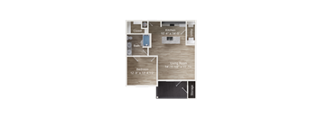 One-bedroom apartment entry into kitchen with island and utility, opening to living room with balcony and storage, with bedroom, bathroom, and closet off the main living area.