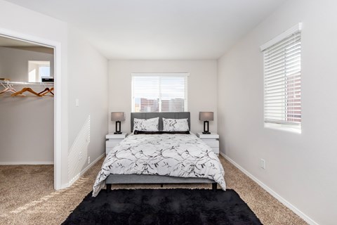 A bedroom with a large bed and a black rug.