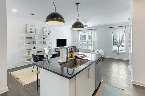 an open kitchen and living room with a sink and a counter top
