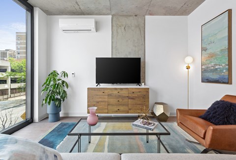 a living room with a couch and a television