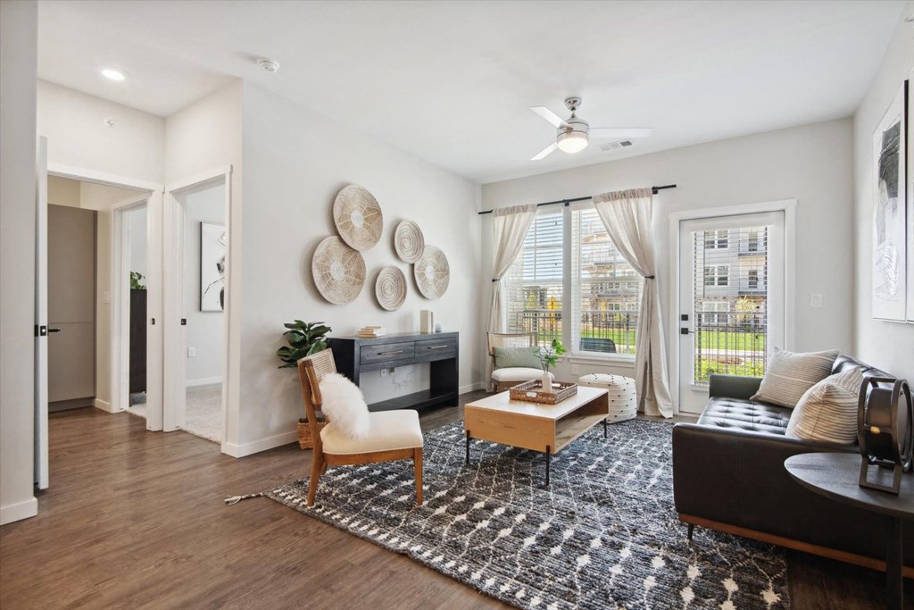 a living room with a couch and a table