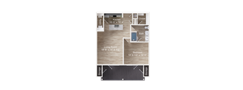 One-bedroom apartment entry into kitchen with island and utility, opening to living room with balcony and two storage closets, with bedroom off the living room and walk-in closet and bathroom accessible from the bedroom area.