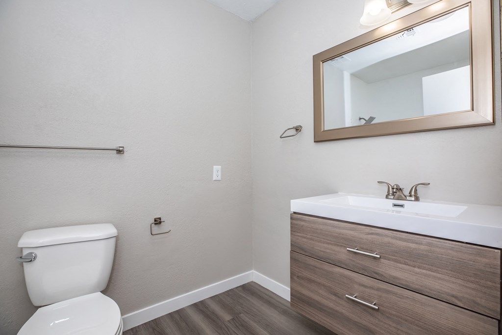 a bathroom with a toilet sink and mirror