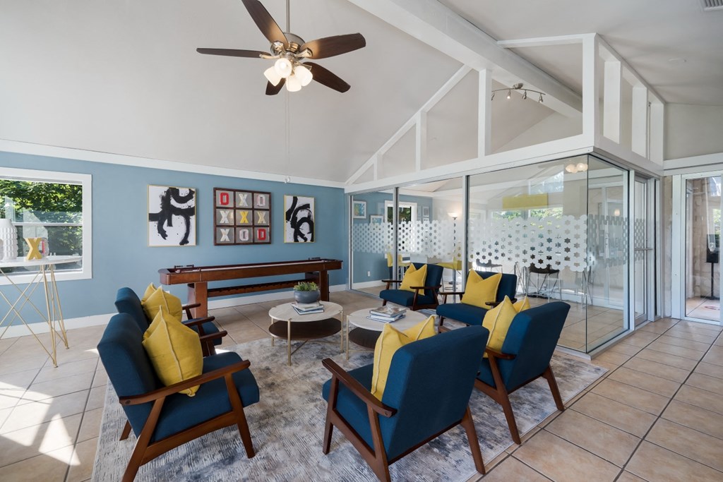 blue chairs in leasing office