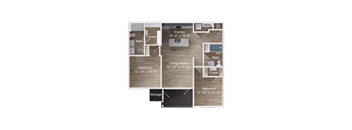 2-bedroom apartment entry into hallway with utility closet, then to kitchen with island and a living room and bathroom, leads into a balcony with storage closet. Bedroom 1 with closet. Bedroom 2 with private bath and walk-in closet.