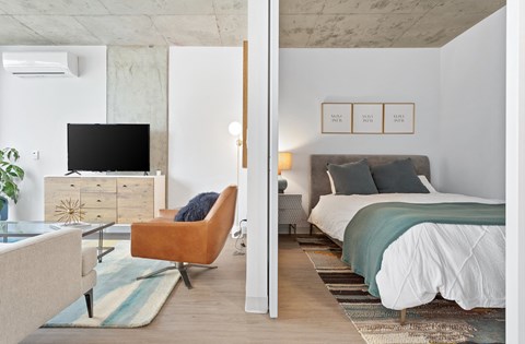 a bedroom and living room with a bed and a tv