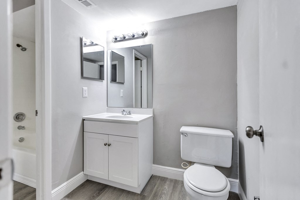 a bathroom with a toilet sink and mirror