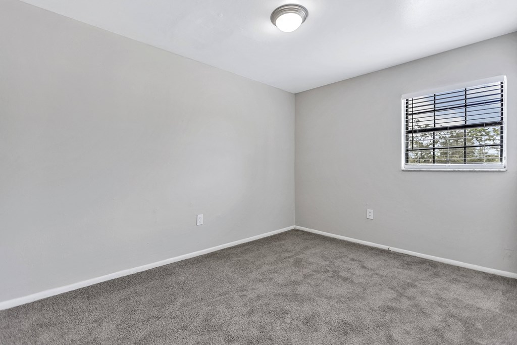 an empty room with carpet and a window
