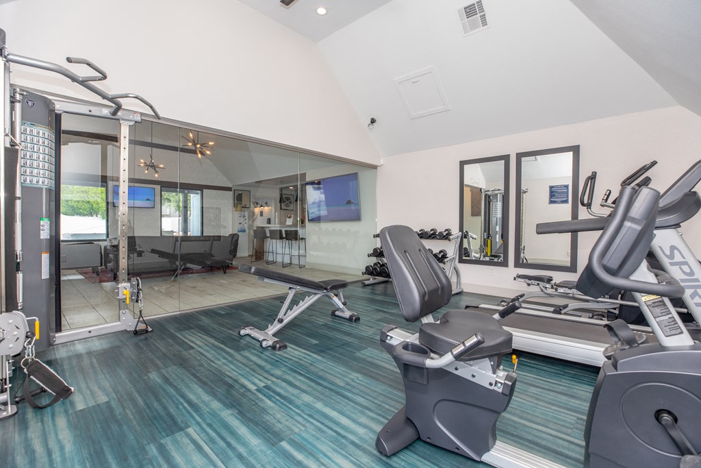 the gym at the enclave at woodbridge apartments in sugar land, tx