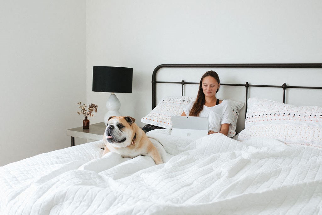 a woman sitting in bed with a dog and a laptop