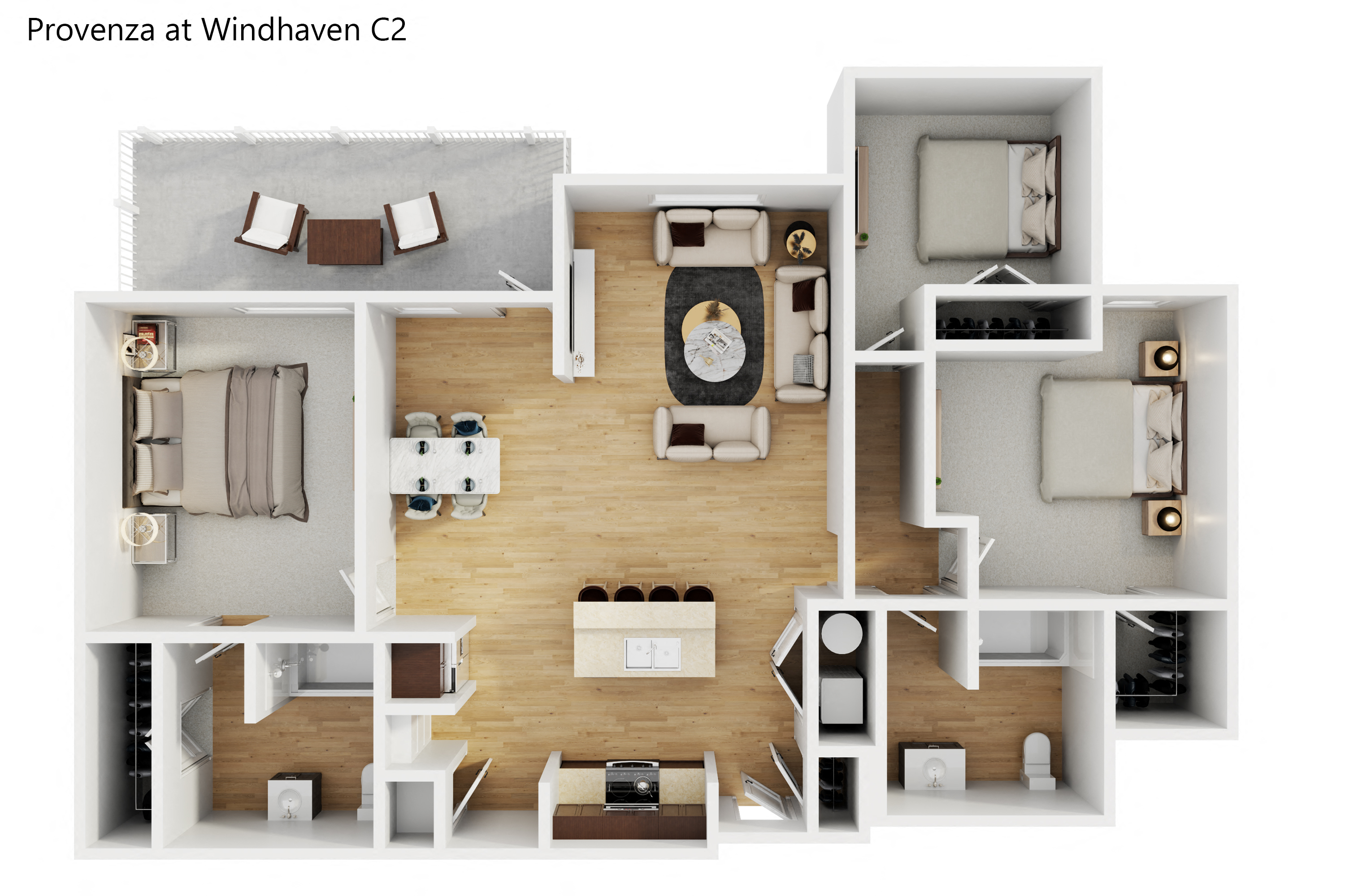 a 3d floor plan of a room with furniture and a wooden floor