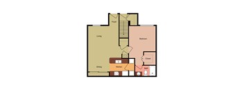A floor plan of a house with a living room, dining room, kitchen, bedroom, bathroom and foyer.