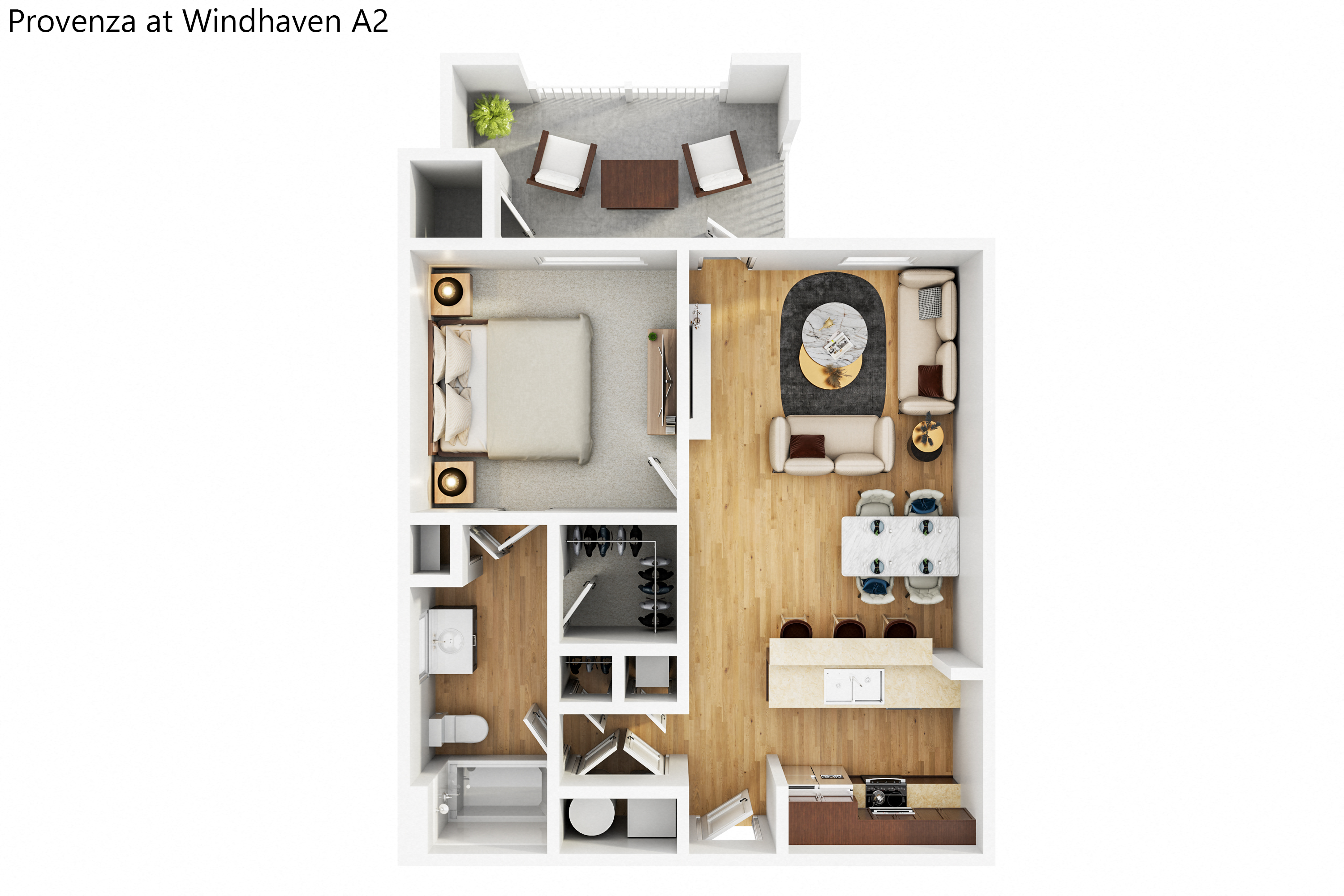a stylized floor plan of a bedroom with a living room