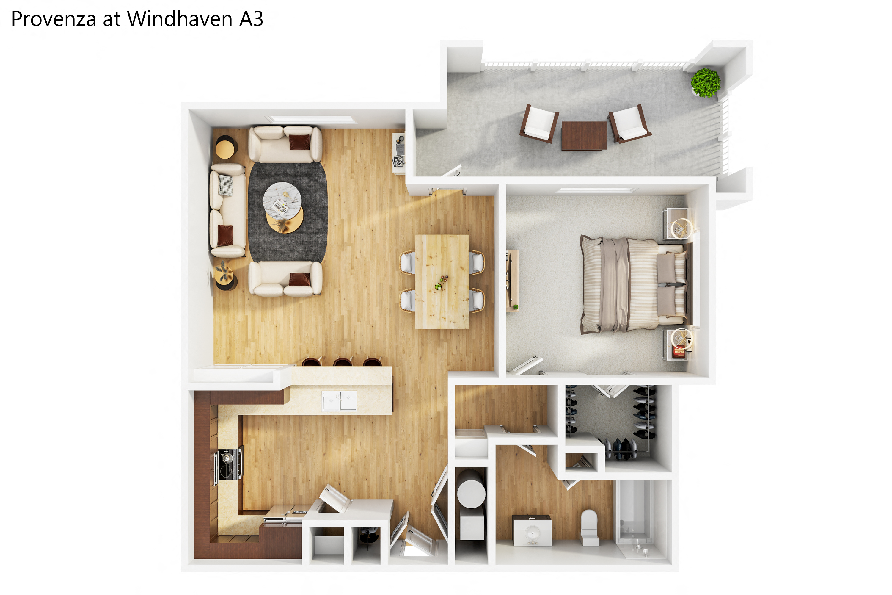 a stylized floor plan of a bedroom with a living room