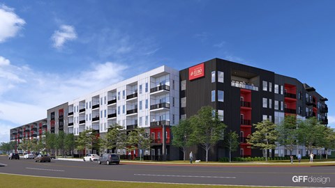 A modern building with a red and black facade is depicted in the image.