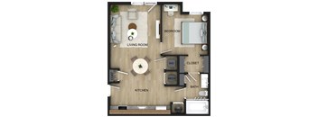 A floor plan of a house with a living room, kitchen, bedroom, bathroom, closet, and two mechs.