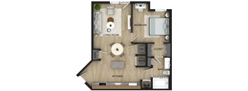 A floor plan of a house with a living room, kitchen, bedroom, bathroom, and closet.