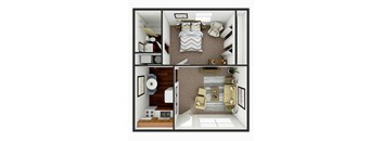 A top-down view of a small apartment with a bedroom, living room, and kitchen.