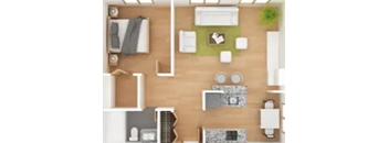 A top-down view of a well-organized kitchen with a dining area.