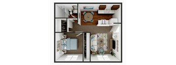 A top-down view of a small apartment with a kitchen, living room, and bathroom.
