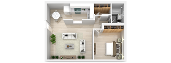 the aerial view of the living room of a 1 bedroom apartment