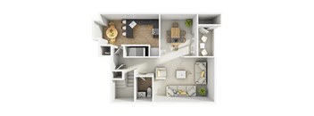 a stylized floor plan with a bedroom and a living room
