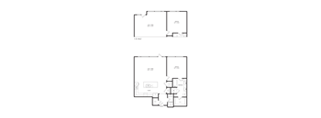 A floor plan of a two-story building with a living room, kitchen, and bathrooms.