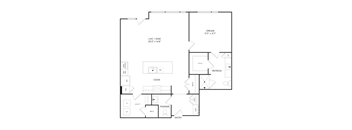 A floor plan of a house with a living/dining area, kitchen, and bathrooms.