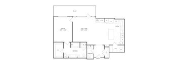 A floor plan of a house with a bedroom, a bathroom, a kitchen, a living room, and a powder room.