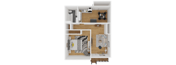 a rendering of a 1 bedroom floor plan with a bathroom and a living room